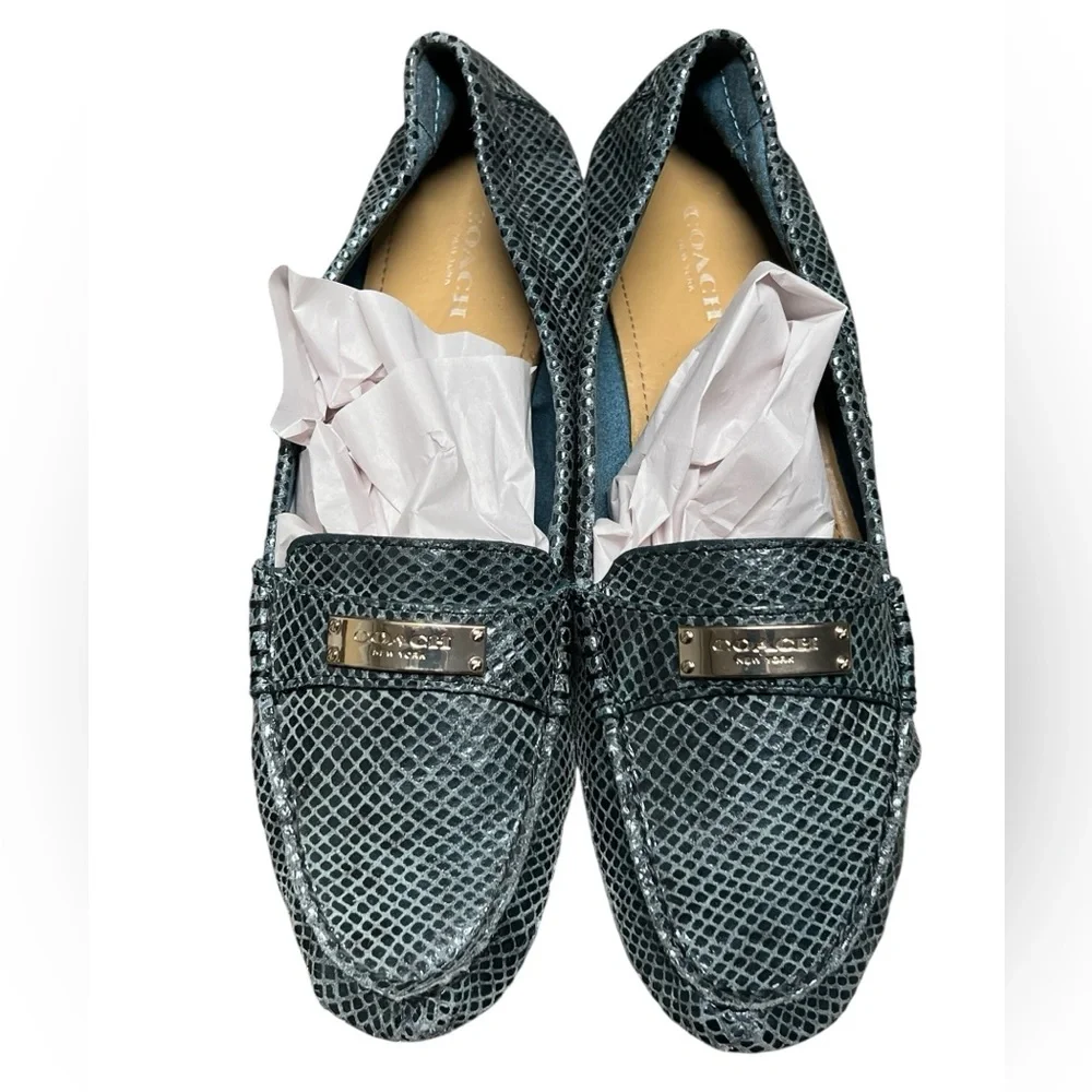 Coach Fredrica blue iridescent snake print leather logo loafers Y2K